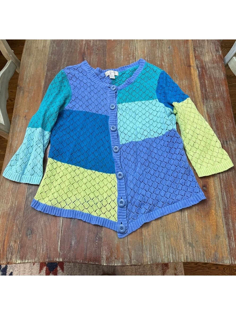 CJ Banks Cardigan 1X Blue Green Patchwork Knit Vintage